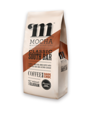1kg pack Classic South Bar strong coffee beans "DARK CHOC" coffee blend with Mocha Master Roasters logo and dark brown diagonal stripe design and the coffee flavour description.