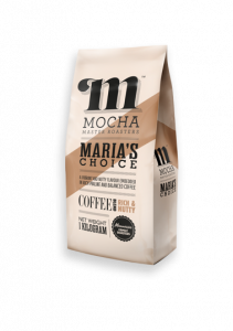 Image of customer coffee pack of 1kg Maria's Choice "RICH & NUTTY" blend with Mocha Master Roasters logo and light brown diagonal stripe design. The coffee pack has the companies family history, a description of the coffee blend composition from the various coffee growing origins. The strength and flavour of the coffee with milk and as a black coffee.