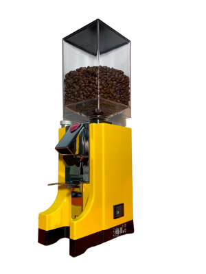 Eureka Mignon coffee grinder. Bright yellow body with a large clear plastic bean hopper (holds 300g) Stepless dial for the finest incremental adjustments. Important when grinding for espresso. On/off switch and manual/timer option on bottom right hand side. There's also a dial for adjusting the timer to increase or decrease the amount of ground coffee volume. Polished chrome spout/chute. Stainless steel for or portafilter holder.