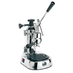 Image shows the complete La Pavoni Europiccola chrome coffee machine model. This unit comes with a push down lever to extract the coffee. It has a steam tap and arm to froth milk for cappuccinos, latte's and piccolos.