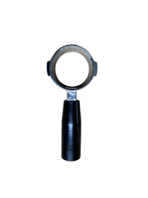 Genuine Elektra bottomless portafilter 49mm in polished chrome with a black bakelite handle. Top view showing the Elektra Eagle logo embedded into the chrome neck of the portafilter. You can see the retaining clip inside the internal wall of the portafilter. This clip prevents the filter basket from falling out during the knocking of the portafilter when dispensing the spent coffee grains (puck). The two lugs are visible which travel into the lug track in the group head pressing against the group seal and ensuring the portafilter remains locked during the extraction phase. This 49mm bottomless portafilter is suitable for all Elektra lever home coffee machines.