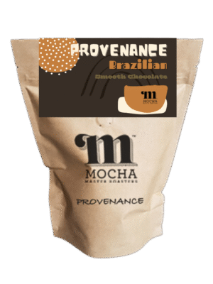Provenance Brazilian single origin coffee. Flavour is predominantly "smooth chocolate". The beans come in a brown kraft paper pouch bag with resealable zipper.