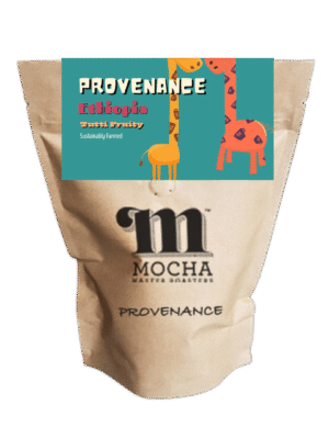 Ethiopian organic coffee beans pack. It's a brown resealable Kraft paper bag with our M Mocha Master Roasters brand logo. There's a two dimensional cartoon with two giraffes and they have coffee cups with our M device logo as their spots. One giraffe is orange with purple cup spots and the other is a golden yellow with brown cup spots. The background is a medium turquoise colour with the words Provenance Ethiopia Tutti Fruity and sustainably farmed.