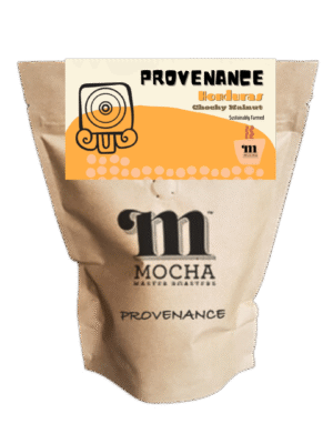 Honduran organic coffee beans pack. It's a brown resealable Kraft paper bag with our M Mocha Master Roasters brand logo. There's a two dimensional cartoon with a Mayan zodiac sign along with a bright rich yellow organic chaped rock with many randomly placed organic shaped circles. Ther's a coffee cup with the steam guiding you to the words Provenance Honduras Chocky Walnut sustainably farmed.