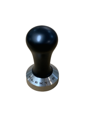 Elektra Coffee Tamper 49mm for lever models Black wooden ergonomically designed handle with a flat stainless steel bottom. The Elektra brand is printed in black onto the tapered edge of the stainless steel base. Very striking and compliments the black handle.