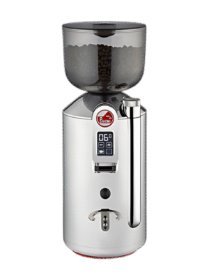 La Pavoni Cilindro grinder front view showing the high polished chrome cylindrical shape with a slightly beveled base and a 45 degree taper at the top towards the grinding chamber/collar. The top has a tinted plastic coffee bean hopper that is cylindrical and curves at the bottom towards the grinding collar. It has a black lid. There's a matching polished chrome section of the main cylinder body that protrudes from the main cylinder body. This houses the adjusting rod. At the top of this rod is the adjusting knob (stepless, infinite micrometric adjusting). The front digital user touchpad is located towards the top of the cylindrical body and below it is the ground coffee chute and the adjustable portafilter fork. Above the fork is the dosing start stop button which the portafilter presses against to activate the grinder. The touch screen has two adjustable preset doses. A single and a double each indicated by a single coffee cup and a double two coffee cups respectively. The chosen dose is illuminated and the timer value is also displayed. Just above the the touch screen is the red circular LA Pavoni badge. The width of the cylindrical body is 154mm and the height which includes the coffee bean hopper is 410mm. The hopper holds approximately 500g