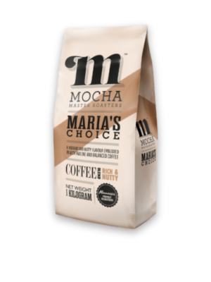 Mocha Master Roasters Maria's Choice "RICH & NUTTY" coffee blend 1kg pack with Mocha Master Roasters logo and light brown diagonal stripe design and the coffee flavour description highlighted with the same light brown colour as the stripe device.