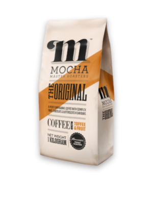 Mocha Coffee Original blend "TOFFEE & FRUIT" 1kg pack with Mocha Master Roasters logo and orange diagonal stripe design and the coffee flavour description.