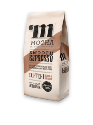 1kg Smooth Espresso blend coffee beans "MALT & CREAM" strong espresso beans by Mocha Master Roasters. The prominent M device logo and brown diagonal stripe design and the coffee flavour description are displayed on the pack.