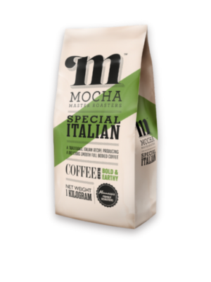 Special Italian strong espresso coffee beans blend "BOLD & EARTHY" 1kg pack with Mocha Master Roasters logo and green diagonal stripe design and the coffee flavour description