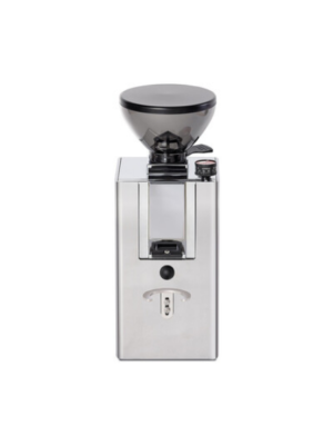La Pavoni Kube grinder front view showing the portafilter fork, chrome finish ground coffee chute, smoke transparent bean hopper. On the front top right hand side is the infinite adjusting knob/dial. The overall shape is a a vertical rectangle whereby the base dimensions are 130mm W x 190mm D x 325mm H. The four vertical corners/edges are are curved and the body is of aluminium with a high polished chrome.