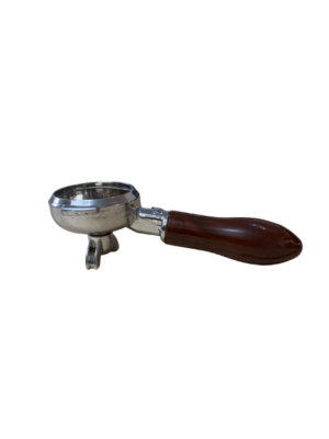 Elektra semiautomatic portafilter briarwood 58mm double spout. Side view shows the ergonomically angle/tapered handle for wrist ease. Cast into handle neck is the Elektra eagle logo. Narrow width double spout suitable for the Elektra domestic semiautomatic coffee machines. It's the original handle that came with the all models prior to the new Oakwood portafilter. Solid brass with chrome plating construction for heat retention.
