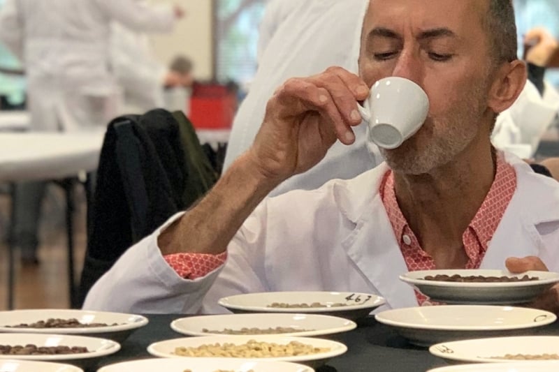Mocha Coffee Chief Judge Paul Mannassis evaluating roast profiles during a cupping session for the Sydney Royal Fine Food Show