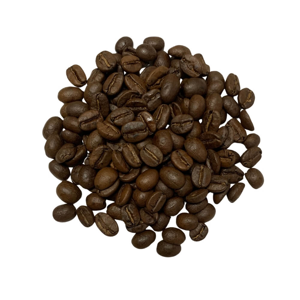 Dark roasted coffee beans with an oily sheen and dark brown surface, demonstrating deep carbony flavor profiles in coffee bitterness.