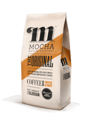Mocha Coffee The Original Toffee and Fruit 1kg coffee beans bag, featuring the vintage 'm' logo and an orange diagonal accent stripe.