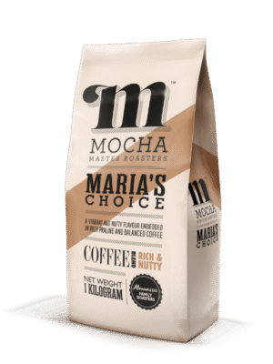 Mocha Master Roasters Maria's Choice Rich and Nutty 1kg coffee beans bag, featuring the vintage 'm' logo and a beige diagonal accent stripe.
