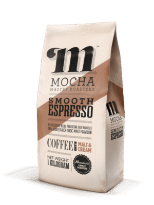 Smooth Espresso coffee beans bag with Malt and Cream flavours, featuring the vintage 'm' logo and a brown diagonal accent stripe.