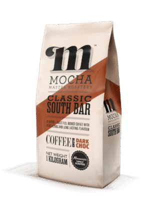 Strong bodied coffee bag Classic South Bar blend with Dark Choc notes, featuring the vintage 'm' logo and a dark brown diagonal accent stripe.