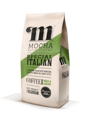 Strong espresso coffee beans bag Special Italian blend, featuring the vintage 'm' logo and a green diagonal accent stripe.
